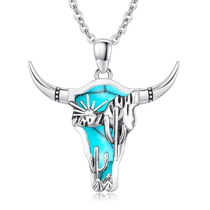 Midir&Etain Western Necklace 925 Sterling Silver Turquoise Pendant Highland Cow/Cow Skull/Hat/Tag/Cactus/Boot Cowgirl Country Jewelry for Women Men