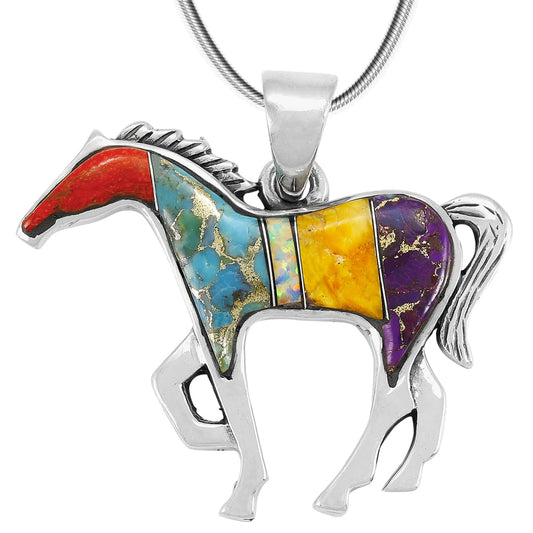 Turquoise Network Horse Necklace Sterling Silver Genuine Gemstones & Gemstones with 20" Chain