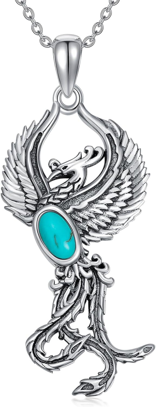 Phoenix Necklace 925 Sterling Silver Genuine Blue Turquoise Symbol of Flames of Rebirth Rising Phoenix Pendant Jewelry Gifts for Women