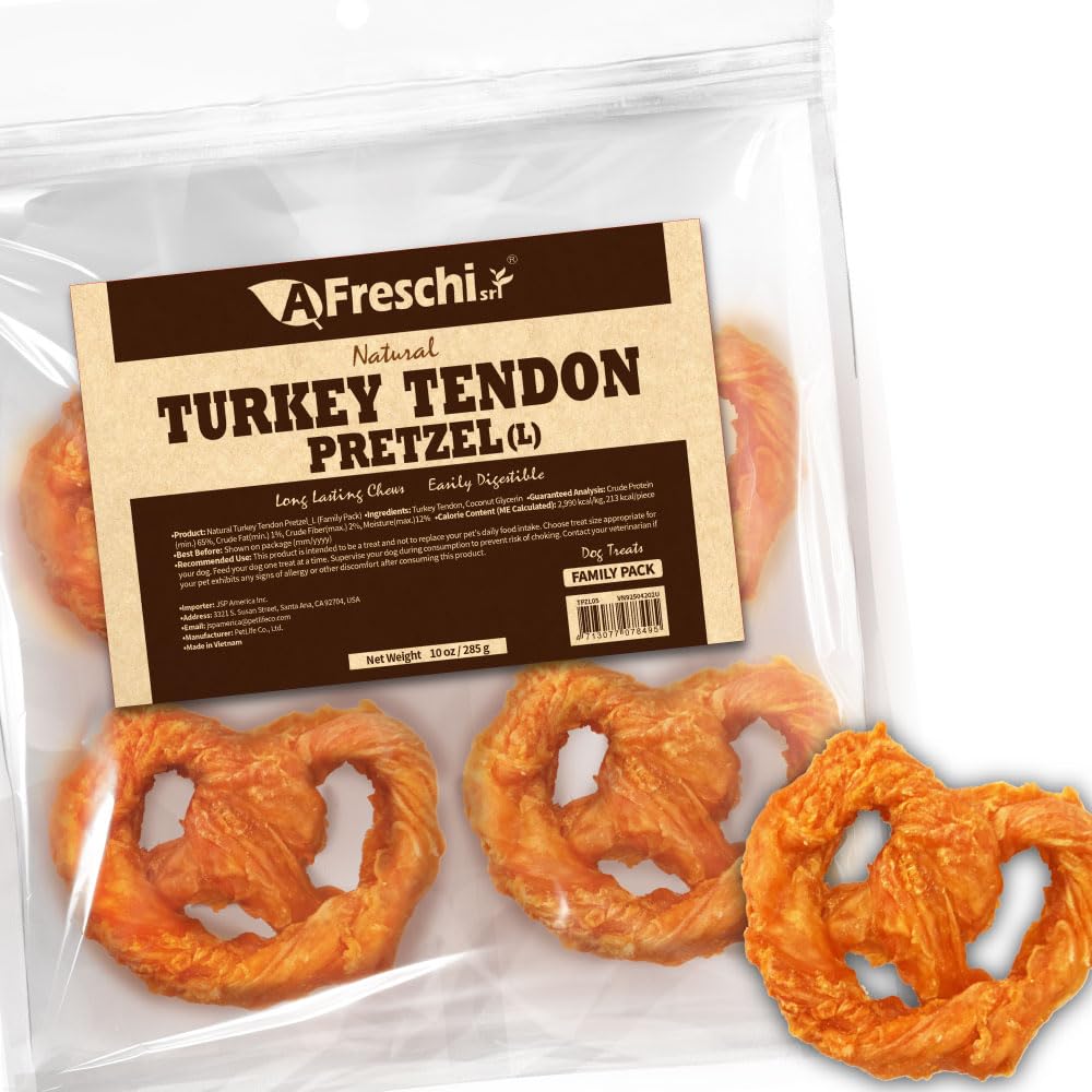 AFreschi Turkey Tendons for Dogs, USA-Sourced, Healthy Dog Treats, Rawhide-Free Puppy Chews, Long Lasting, All Natural, Hypoallergenic Dog Treats for Large Breeds, 1 Count Pack Bone (L)