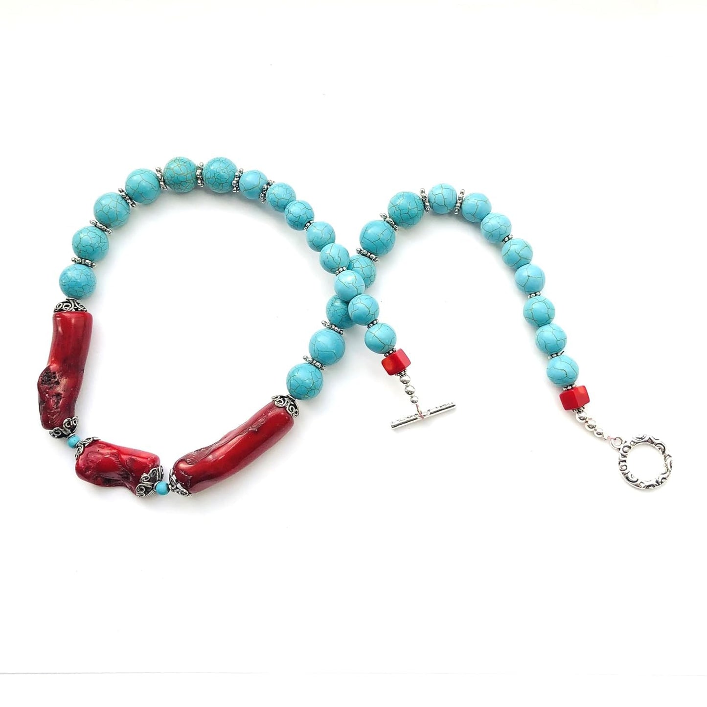 Large Bamboo Coral Beads, Blue Turquoise Beads Southwestern Necklace, Tibetan style spacers Silver Plated Toggle Clasp