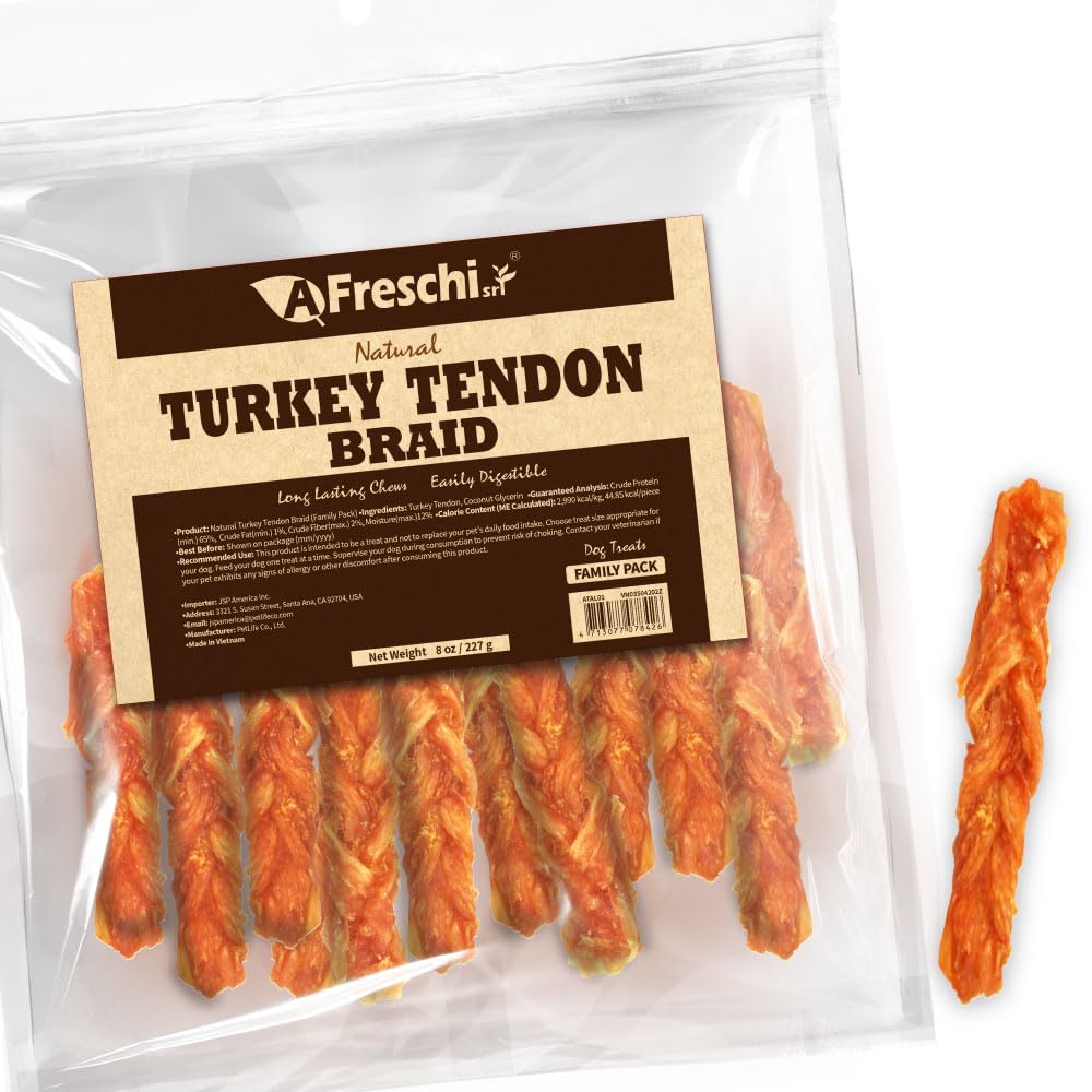 AFreschi Turkey Tendons for Dogs, USA-Sourced, Healthy Dog Treats, Rawhide-Free Puppy Chews, Long Lasting, All Natural, Hypoallergenic Dog Treats for Medium Breeds, 6 Count Pack Braid (M)