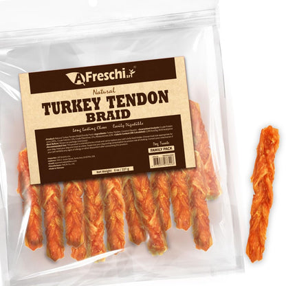 AFreschi Turkey Tendons for Dogs, USA-Sourced, Healthy Dog Treats, Rawhide-Free Puppy Chews, Long Lasting, All Natural, Hypoallergenic Dog Treats for Medium Breeds, 6 Count Pack Braid (M)