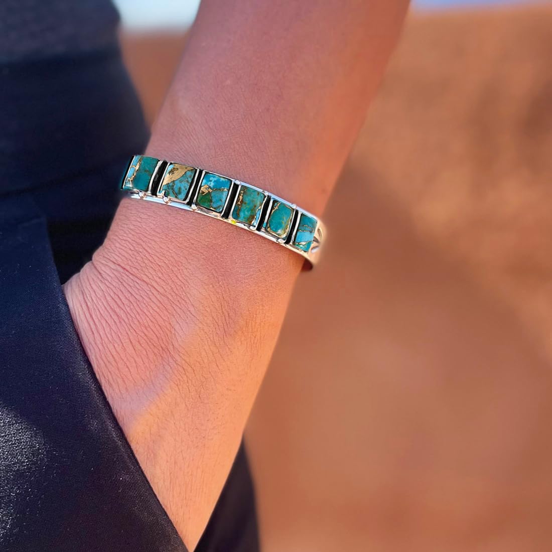 Turquoise Bracelet Sterling Silver 925 Genuine Gemstones Cuff Bracelet