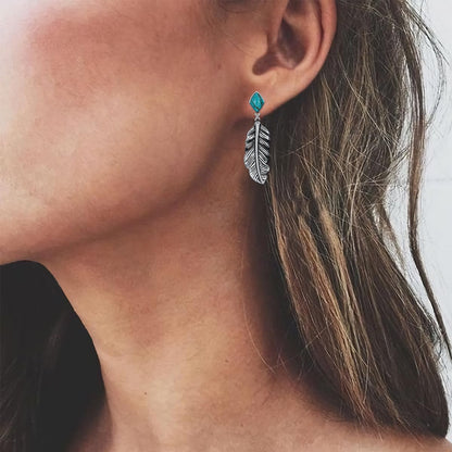 Genuine Turquoise Leaf Earrings, Sterling Silver Dangle Drop Vintage Boho Feather Earrings Birthday Gift for Women