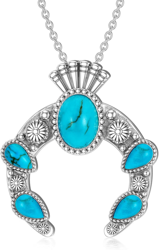 Real Turquoise Squash Blossom Necklace 925 Sterling Silver Ethnic Tribal Turquoise Gemstone Pendant Western Bohemian Jewelry Gifts for Women