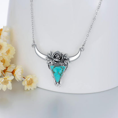 Turquoise Cow Skull Necklace 925 Sterling Silver Head Skull Pendant Bohemian Western Jewelry Gifts for Women Cowgirl