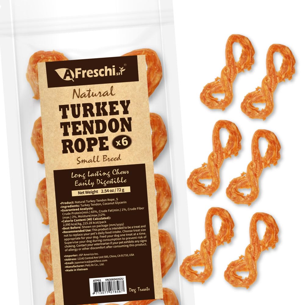 A Freschi srl Turkey Tendons for Dogs, USA-Sourced, Healthy Dog Treats, Rawhide-Free Puppy Chews, Long Lasting, All Natural, Hypoallergenic Dog Treats for Small Breeds, 40 Count Box Bone (S)