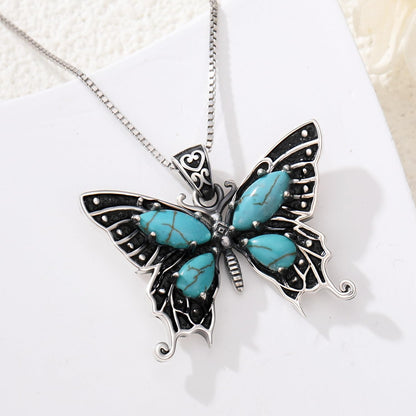 Genuine Butterfly Turquoise Vinatge Necklace, Sterling Silver Vintage Native American Western Jewelry Birthdays Gift for Women