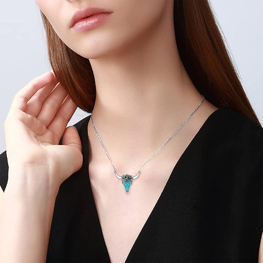 Turquoise Cow Skull Necklace 925 Sterling Silver Head Skull Pendant Bohemian Western Jewelry Gifts for Women Cowgirl