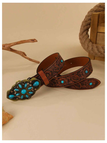Women's Turquoise Belt Western Cowgirl Belt Vintage Floral Embossed Buckle Leather Waist Belts