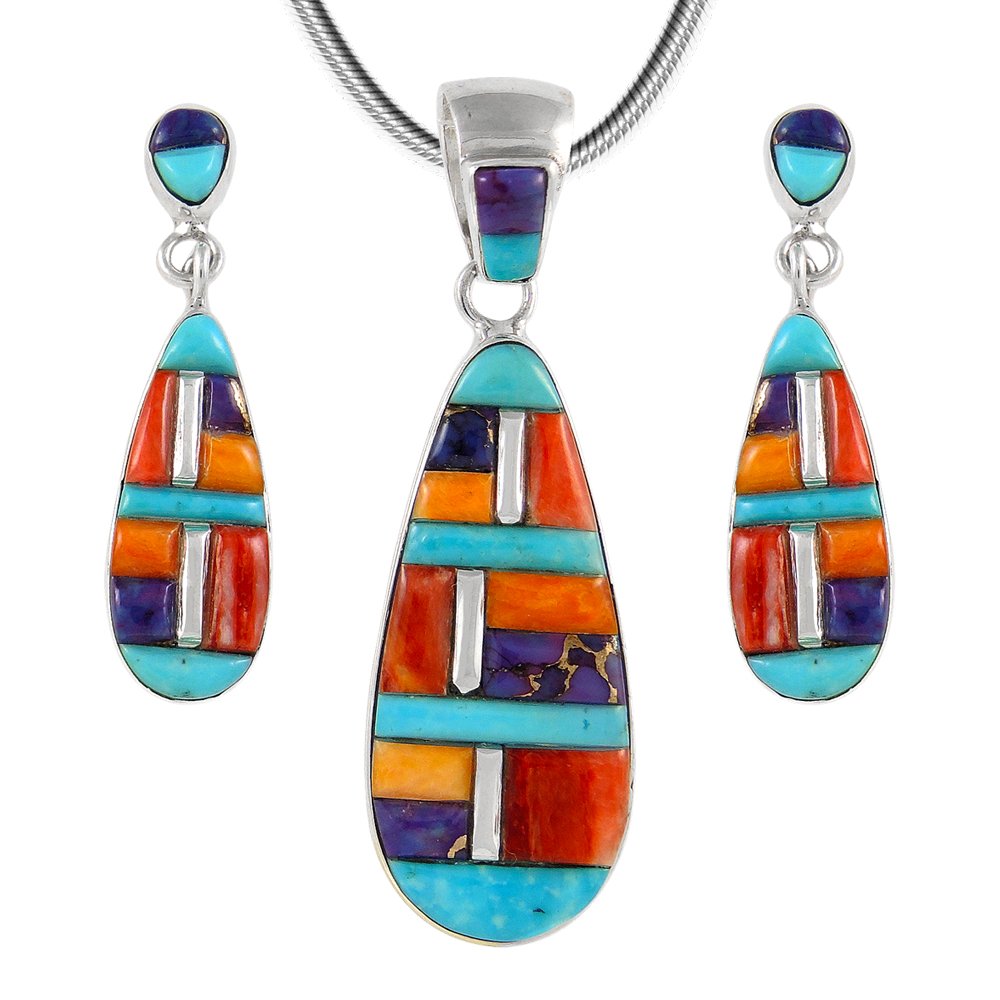 Matching Turquoise & Gemstones Set 925 Sterling Silver (Pendant, Earrings, Necklace 20")