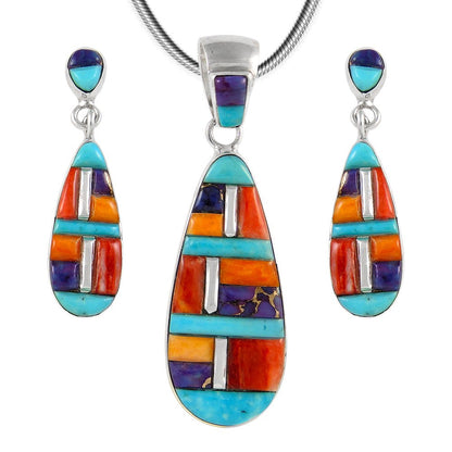 Matching Turquoise & Gemstones Set 925 Sterling Silver (Pendant, Earrings, Necklace 20")