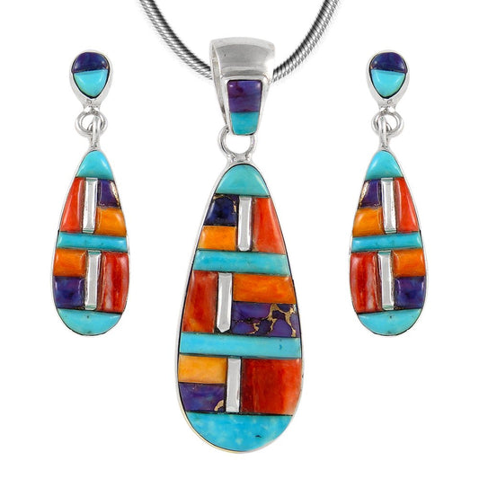 Matching Turquoise & Gemstones Set 925 Sterling Silver (Pendant, Earrings, Necklace 20")