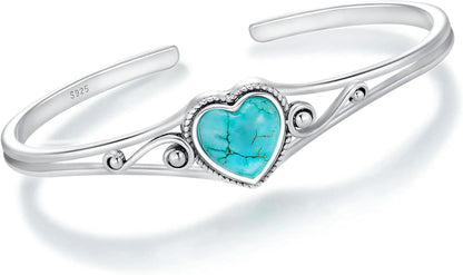 Genuine Turquoise Bracelet, Sterling Silver Native American Boho Adjustable Heart Bangle Cuff Jewelry for Women, Fit for 6.5 7 7.5 Inches