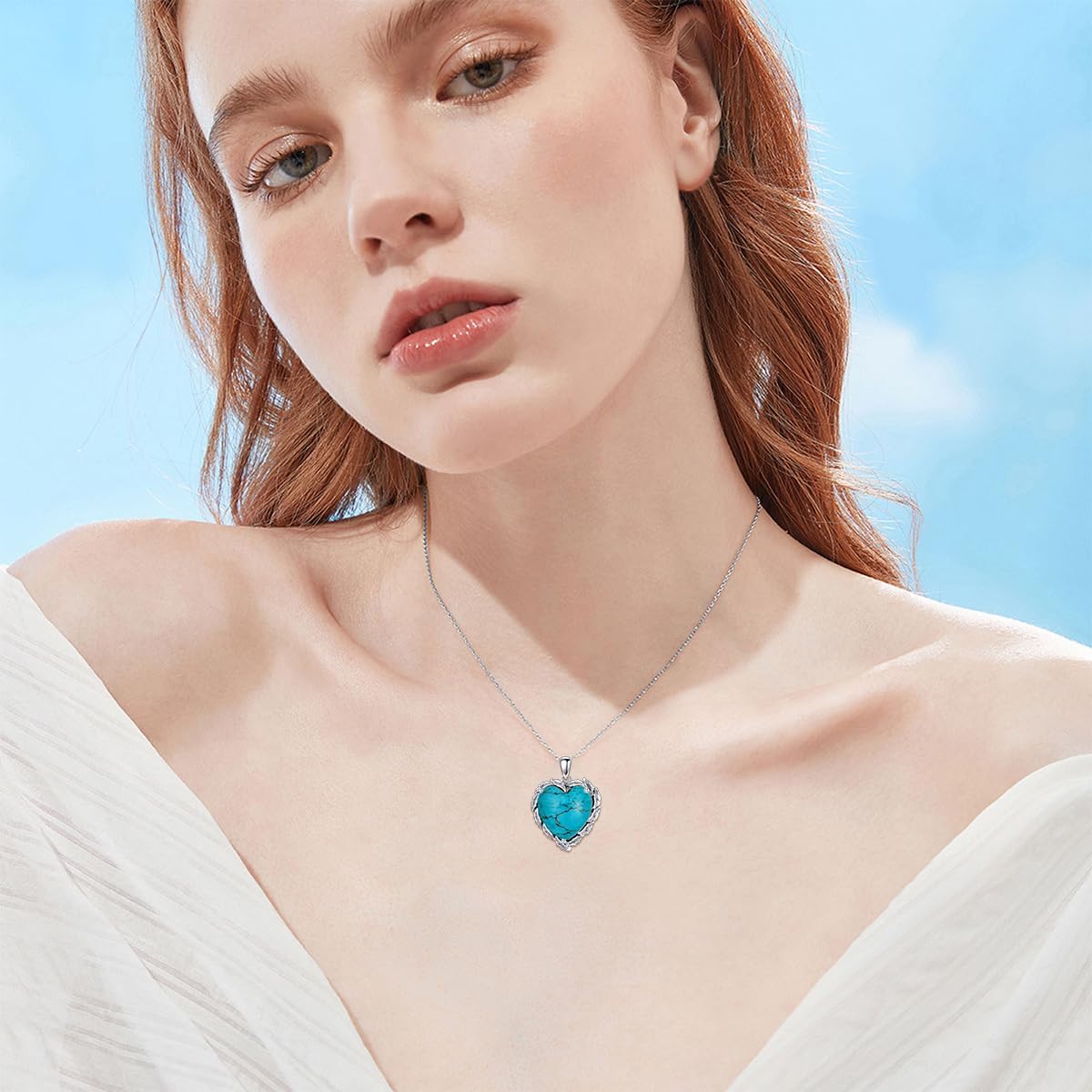 Genuine Gemstone Heart Necklaces for Women 925 Sterling Silver Natural Turquoise/Rose Quartz/Moonstone Pendant Vintage Western Jewelry Gift for Mom Wife Her