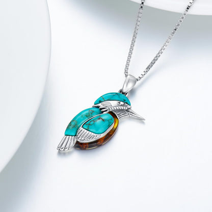 Turquoise with Amber Bird Pendant Necklace, Sterling Silver Genuine Boho Western Jewelry Gift for Birthday