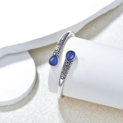 925 Sterling Silver Genuine Gemstone Bracelet for Women Men Handmade Adjustable Boho Navajo Style Bangle Cuff Natural Stone Jewelry Gift
