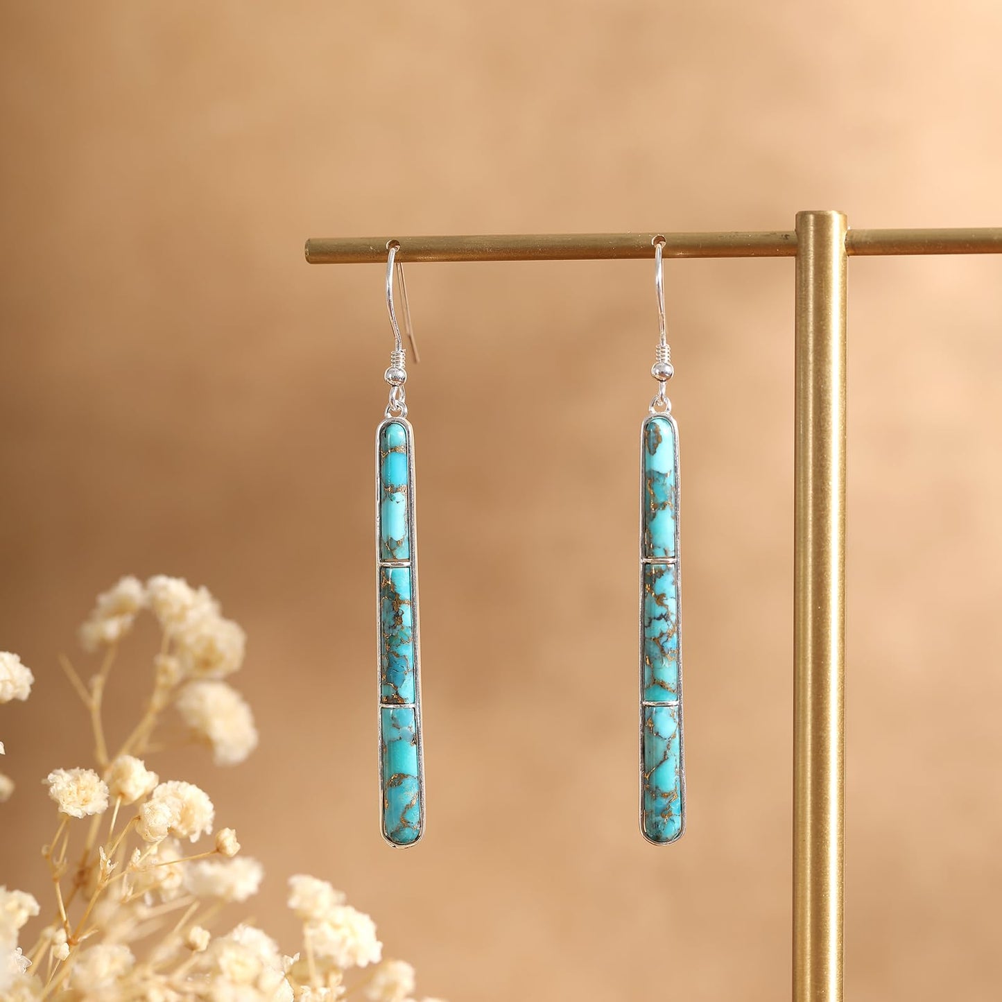 Turquoise Earrings for Women 925 Sterling Silver Gemstones Dangle Earrings Bohemian Style Statement Bar Earrings Dangle Earrings for Women Earrings Valentines Gifts