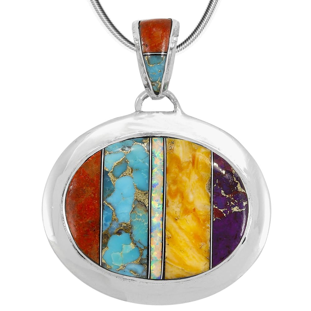 Turquoise Necklace Pendant 925 Sterling Silver Genuine Gemstones (20" Length)