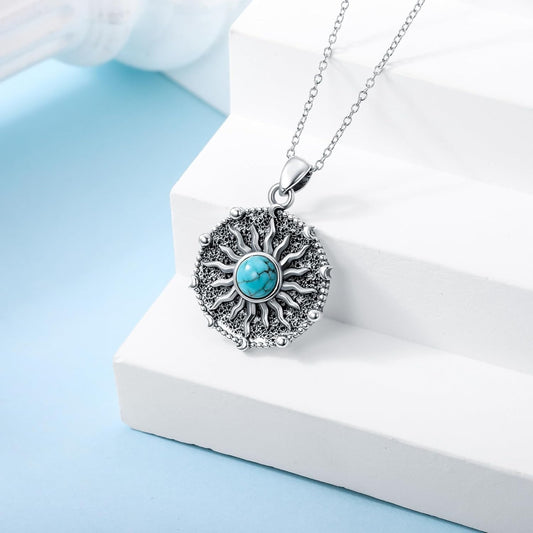 Turquoise Sun Necklace 925 Sterling Silver Real Turquoise Gemstone Vintage Sun Pendant Western Jewelry for Women