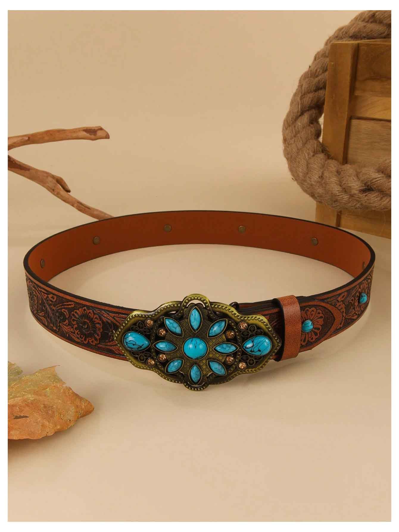 Women's Turquoise Belt Western Cowgirl Belt Vintage Floral Embossed Buckle Leather Waist Belts