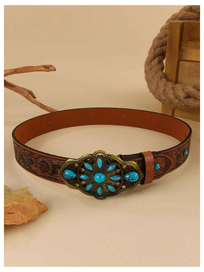 Women's Turquoise Belt Western Cowgirl Belt Vintage Floral Embossed Buckle Leather Waist Belts