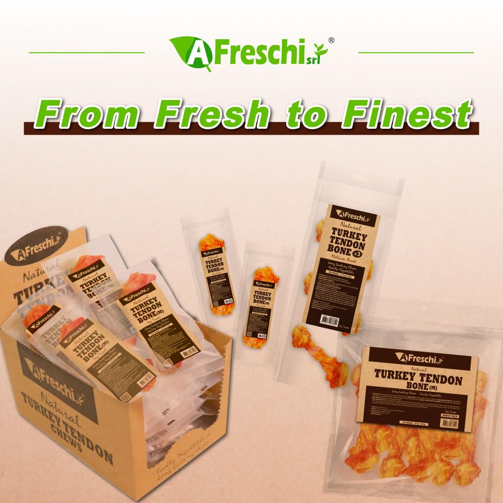 AFreschi Turkey Tendons for Dogs, USA-Sourced, Healthy Dog Treats, Rawhide-Free Puppy Chews, Long Lasting, All Natural, Hypoallergenic Dog Treats for Medium Breeds, 6 Count Pack Braid (M)