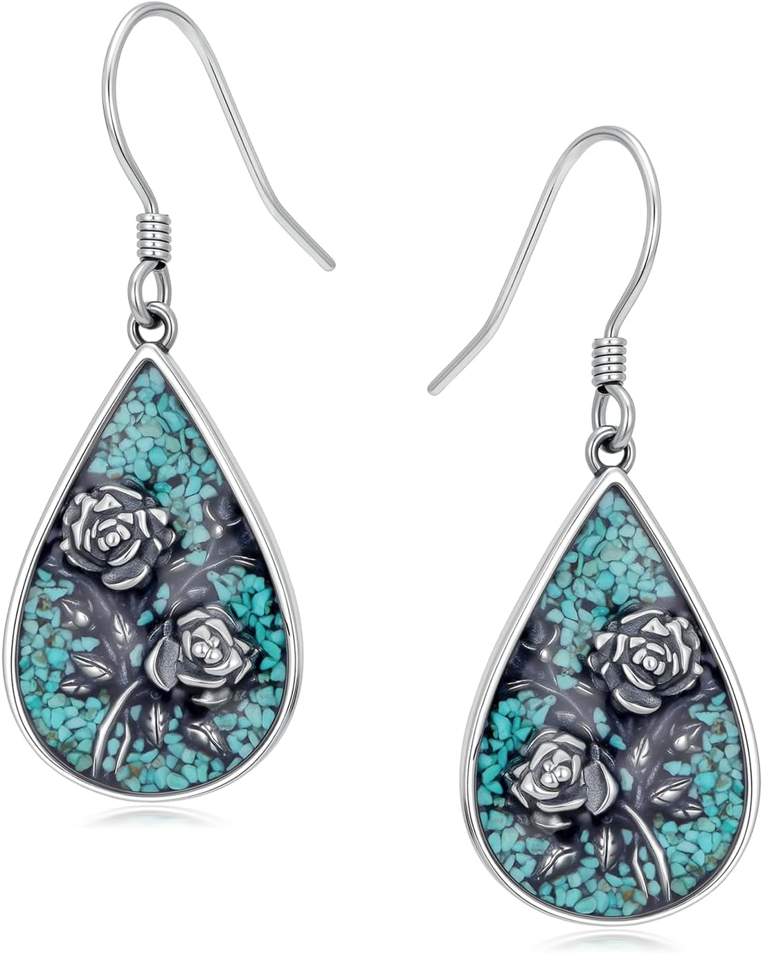 Genuine Turquoise Rose Vintage Earrings, Sterling Silver Boho Native American Western Teardrop Earrings Jewelry for Women