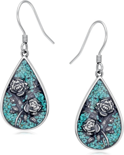 Genuine Turquoise Rose Vintage Earrings, Sterling Silver Boho Native American Western Teardrop Earrings Jewelry for Women