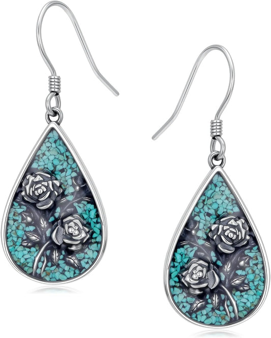 Genuine Turquoise Rose Vintage Earrings, Sterling Silver Boho Native American Western Teardrop Earrings Jewelry for Women
