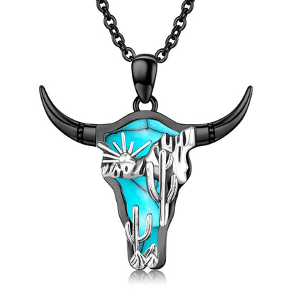 Midir&Etain Western Necklace 925 Sterling Silver Turquoise Pendant Highland Cow/Cow Skull/Hat/Tag/Cactus/Boot Cowgirl Country Jewelry for Women Men