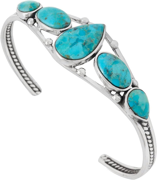 Turquoise Bracelet Sterling Silver 925 Genuine Gemstones Cuff Bracelet