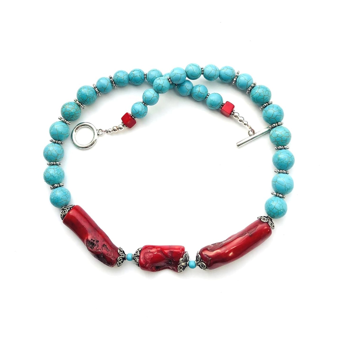 Large Bamboo Coral Beads, Blue Turquoise Beads Southwestern Necklace, Tibetan style spacers Silver Plated Toggle Clasp