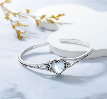 Genuine Turquoise Bracelet, Sterling Silver Native American Boho Adjustable Heart Bangle Cuff Jewelry for Women, Fit for 6.5 7 7.5 Inches
