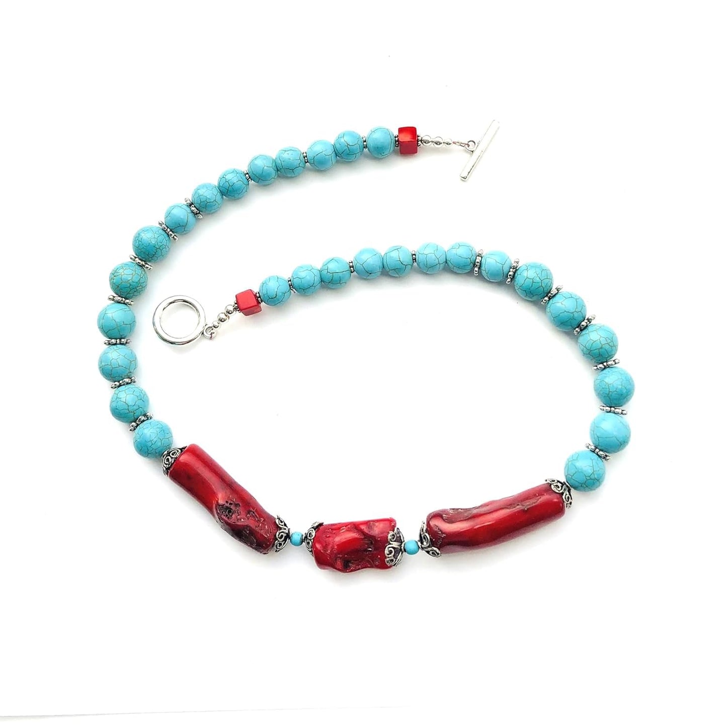 Large Bamboo Coral Beads, Blue Turquoise Beads Southwestern Necklace, Tibetan style spacers Silver Plated Toggle Clasp