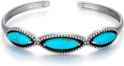 Genuine 3 Turquoise Stones Boho Bracelet, Sterling Silver Adjustable Bangle Cuff Native American Gemstones Jewelry, Fit for 6.5 7 7.5 Inches