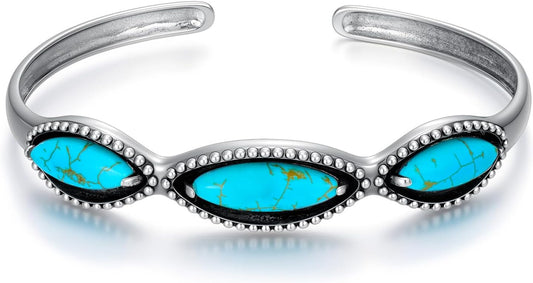 Genuine 3 Turquoise Stones Boho Bracelet, Sterling Silver Adjustable Bangle Cuff Native American Gemstones Jewelry, Fit for 6.5 7 7.5 Inches
