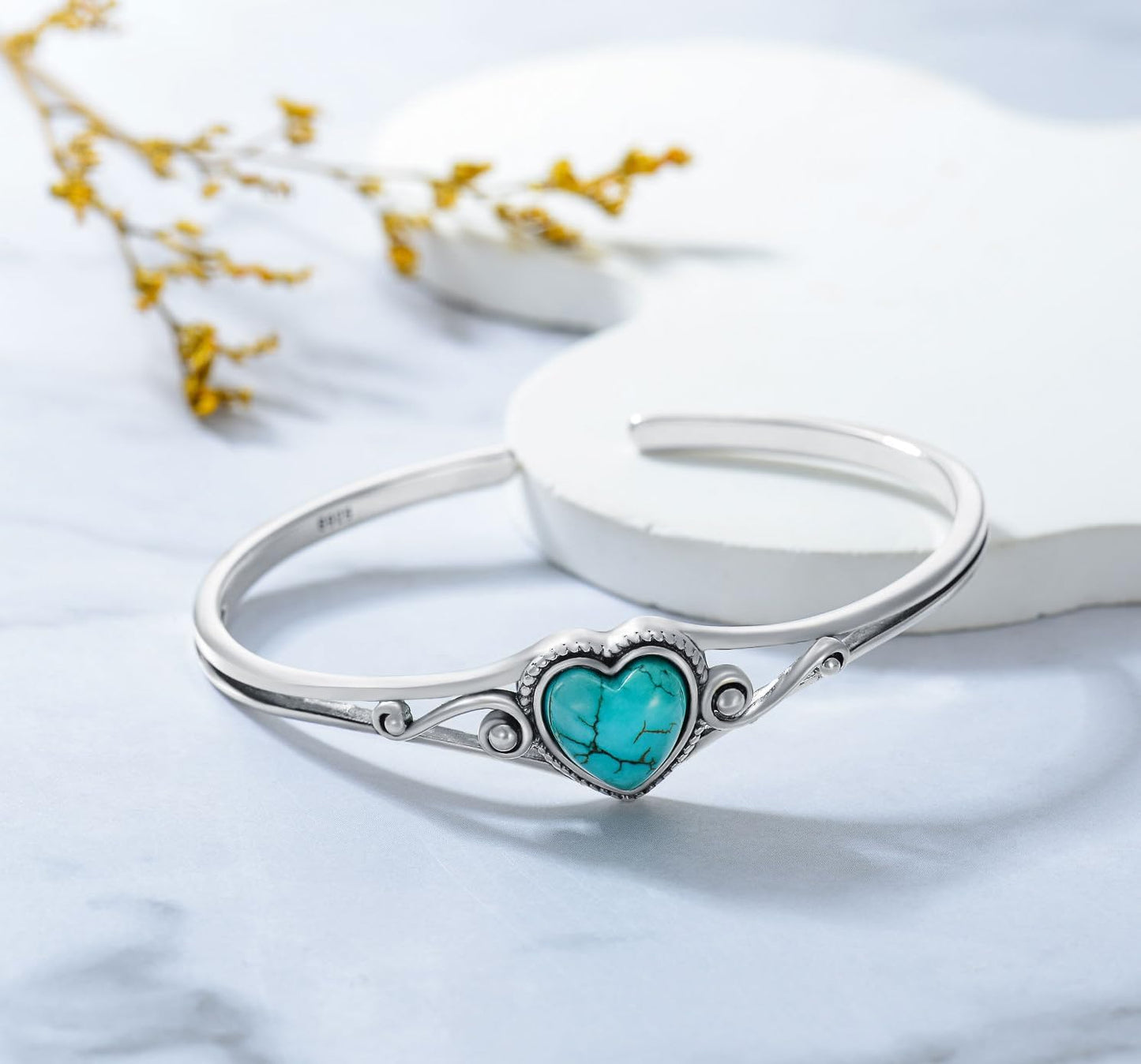 Genuine Turquoise Bracelet, Sterling Silver Native American Boho Adjustable Heart Bangle Cuff Jewelry for Women, Fit for 6.5 7 7.5 Inches