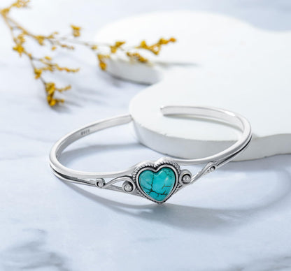 Genuine Turquoise Bracelet, Sterling Silver Native American Boho Adjustable Heart Bangle Cuff Jewelry for Women, Fit for 6.5 7 7.5 Inches