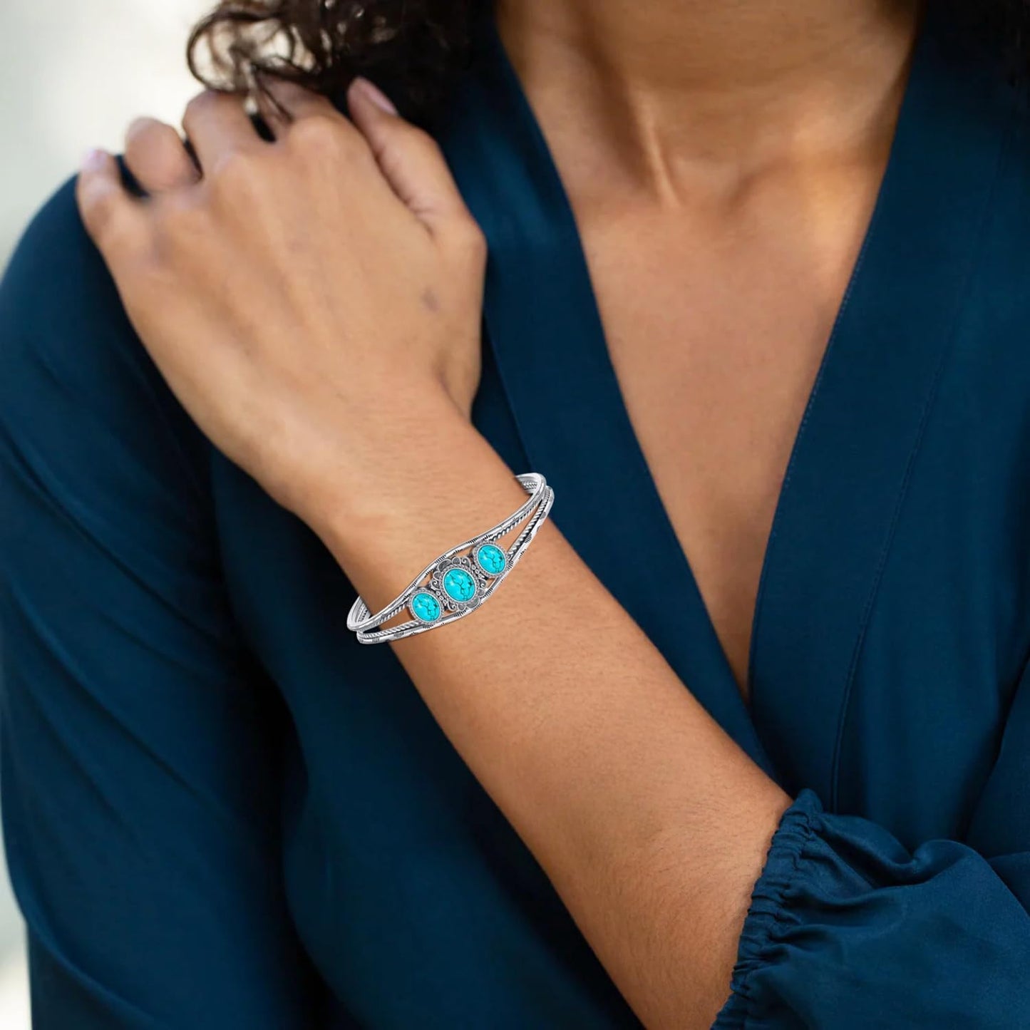 Genuine 3 Turquoise Stone Large Bracelet, Sterling Silver Boho Adjustable Bangle Cuff Native American Jewelry for Women, Fit for 6.5 7 7.5 Inches