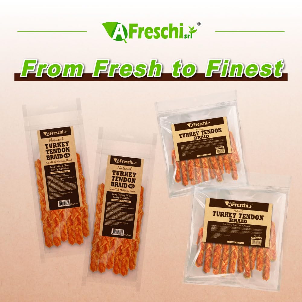 AFreschi Turkey Tendons for Dogs, USA-Sourced, Healthy Dog Treats, Rawhide-Free Puppy Chews, Long Lasting, All Natural, Hypoallergenic Dog Treats for Medium Breeds, 6 Count Pack Braid (M)