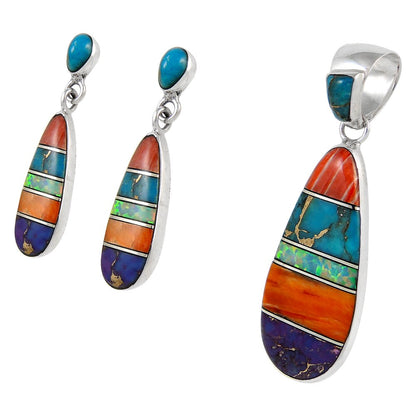 Matching Turquoise & Gemstones Set 925 Sterling Silver (Pendant, Earrings, Necklace 20")