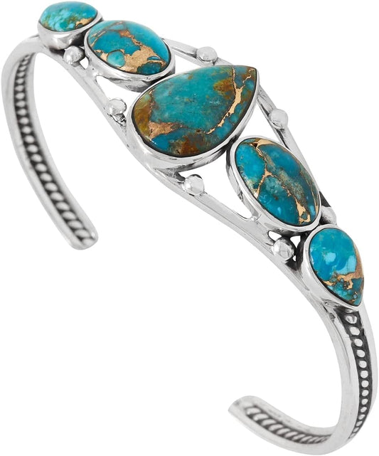 Turquoise Bracelet Sterling Silver 925 Genuine Gemstones Cuff Bracelet