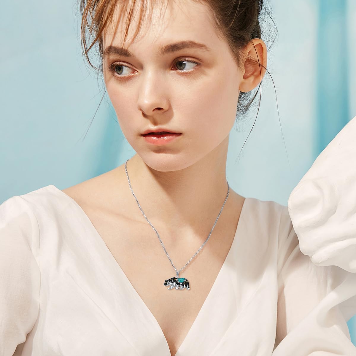 Turquoise Bear Necklace 925 Sterling Silver Genuine Blue Turquoise Vintage Nature Bear Pendant Western Jewelry Gifts for Women
