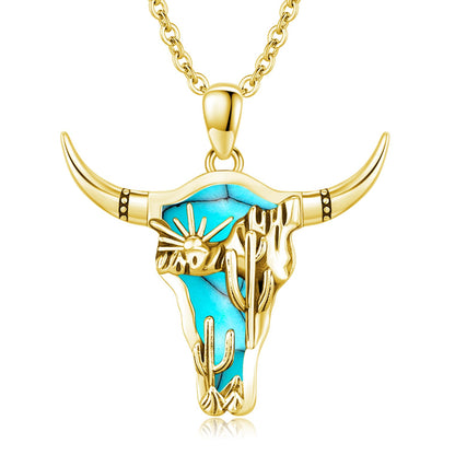 Midir&Etain Western Necklace 925 Sterling Silver Turquoise Pendant Highland Cow/Cow Skull/Hat/Tag/Cactus/Boot Cowgirl Country Jewelry for Women Men