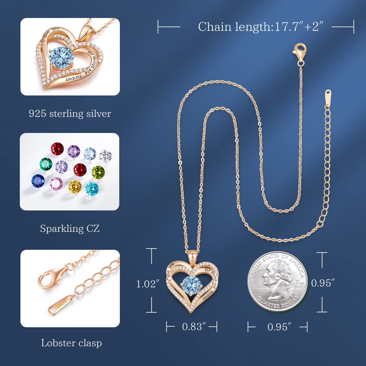 CDE Forever Love Heart Necklaces for Women, Wedding Anniversary, Birthday Mothers Day Christmas Day Gifts for Mom, Mother, Wife, friend, S925 Silver Jewelry with Birthstone Pendant