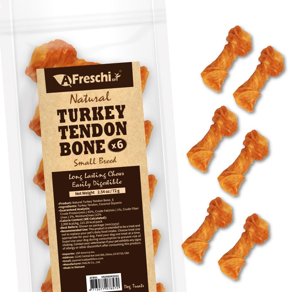 A Freschi srl Turkey Tendons for Dogs, USA-Sourced, Healthy Dog Treats, Rawhide-Free Puppy Chews, Long Lasting, All Natural, Hypoallergenic Dog Treats for Small Breeds, 40 Count Box Bone (S)