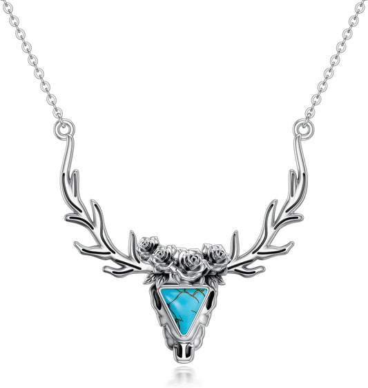 Antler Necklace 925 Sterling Silver Genuine Turquoise Deer Head Pendant Bohemian Western Jewelry Gifts for Women