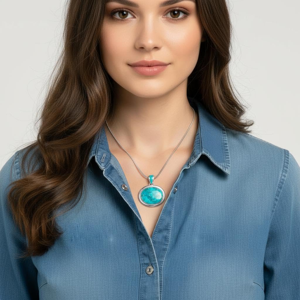 Turquoise Necklace Pendant 925 Sterling Silver Genuine Gemstones (20" Length)